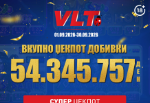 ВИДЕОЛОТАРИЈА КАСИНОС АВСТРИЈА ИСПЛАТИ 54.345.757 ДЕНАРИ ЗА ВЛТ ЏЕКПОТ ДОБИВКИ ВО СЕПТЕМВРИ